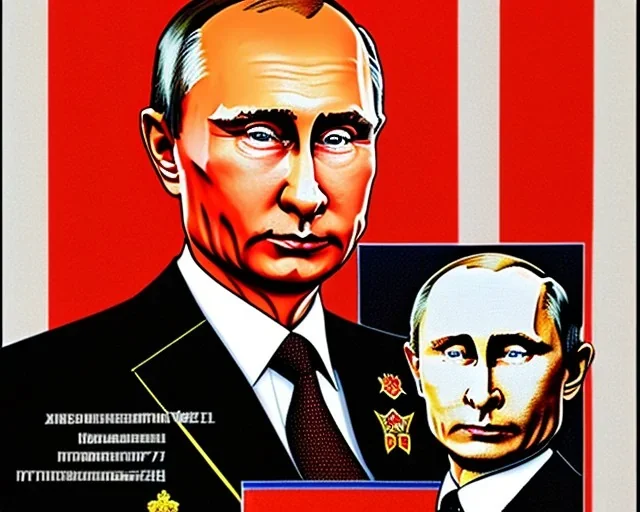 Russia president Vladimir Putin, evil fangs, blood and Moscow in fire atomic bomb cudgel