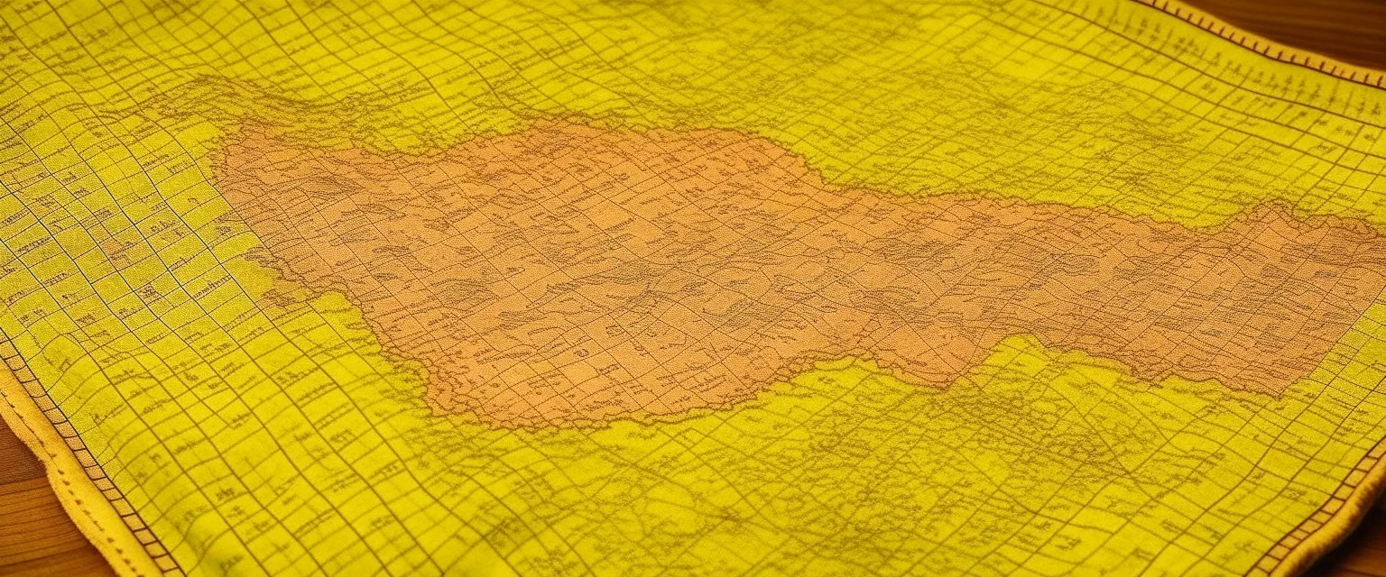 An old, weathered map lies open on a wooden table, its creased and yellowed paper showing the intricate details of unknown lands and far-off seas, retrofuture style, strange notes, blood drops