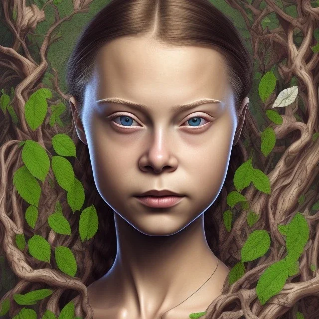  Greta Thunberg portrait olumetric leaves and gnarled branches environment and background, close-up full face portrait young girl, tattoo of leaves and gnarled branches extending past face and morphing into reality, 8k, high quality, anime, detailed eyes, intricate, digital art, detailed matte, volumetric lighting, illustration, octane render art, small minutiae, tiny features, particulars, hires, 8k, uhd, realistic shaded volumetric lighting, ambient occlusion, backlight, volumetric clouds, exa