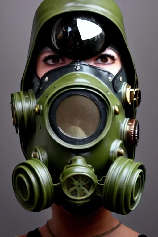 Steam-punk style gas-mask. Large fencing mask covers chin and cheeks. Hood. Reflective surface on face, full coverage, reflective. Black ball eyes. Head full of integrated old-fashioned cameras and phone. Army green surfaces body, latex. Perfect body, thick thighs and calves. Asa Akira's body. Wide hip, skirt bleats nicely. Partly symmetrical. Straitjacket. Rusty and decayed background. Steam-plunge air-bottles. Euclidean 3D-tiling walls. surrealistic. Oppressive atmosphe