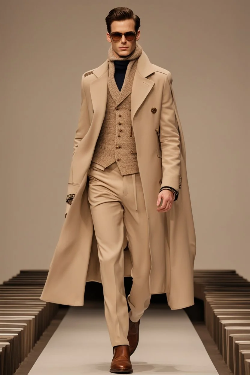 a men winter fashion runway with moderna clothes hugely inspired by Superman style, embroidery elegante fashion beige tones