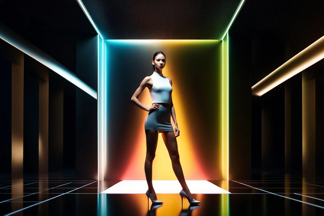 si fi a 3d recursive mandlebore fractal environment color and light an extra beautiful supper modern girl wearing modern clothing gracefully posing full body shot