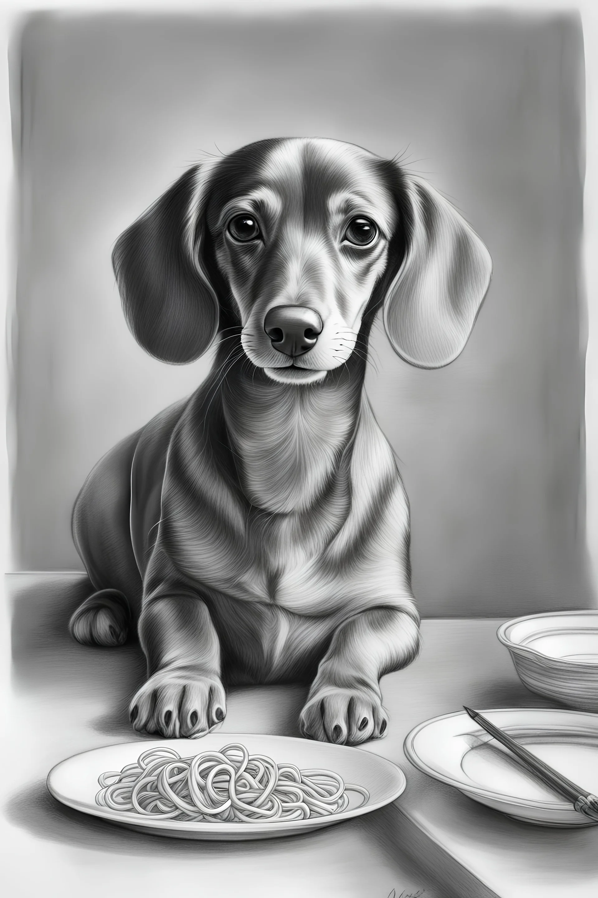 a highly detailed rendering of a sketch with precise, soft 6B pencil lines. a simple but anatomically correct, line drawing of a cute playful dachshund with a plate of spaghetti, high quality artistic pencil sketched art with crosshatch and shading for texture, a and Precise soft lead pencil lines. , use grayscale colors only