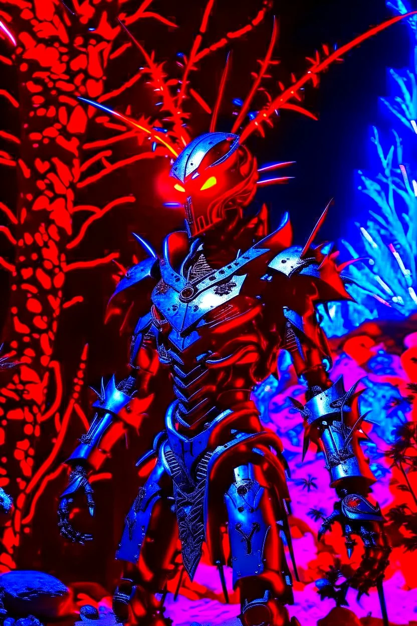 A seemingly sinister humanoid being made entirely of sharpened metal blades and spikes. It has glowing red eyes. The setting is a desert cave. The are impaled humans connected to a metal tree in the background. Photograph.