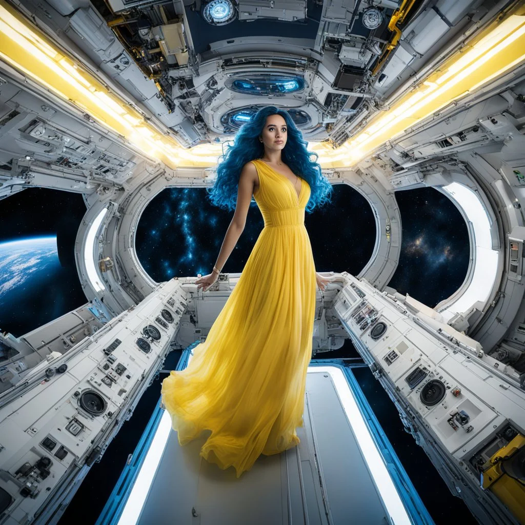 wide-angle photo of a woman in a yellow dress, with long glowing blue wavy hair, on a space station with views into space