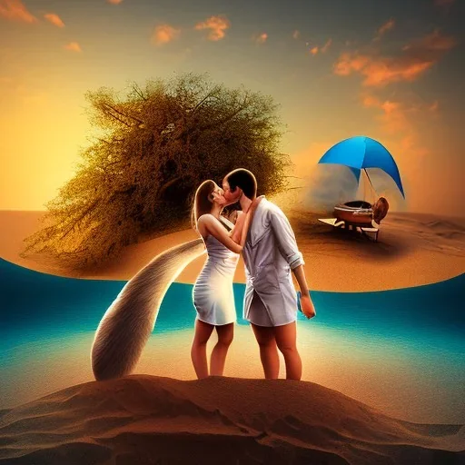 2 lovers last kiss in sand island with tent and river background