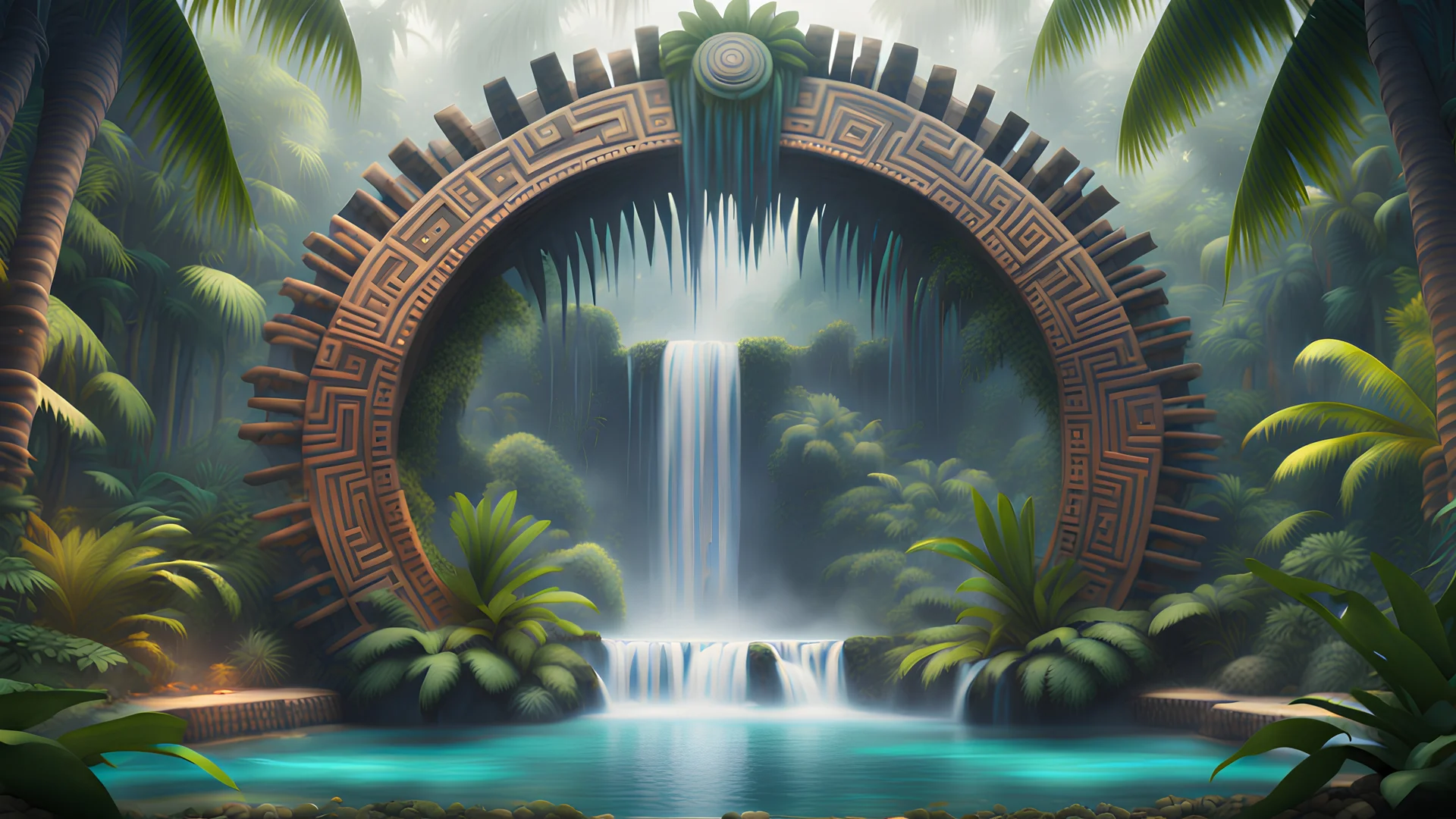 surreal galactic aztec stargate in jungle tropical palms and waterfalls 8k