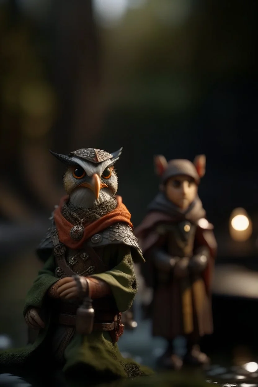 portrait of robin hoot and lady marion, leader of the hooties. with bow and dagger, guarding the canal, bokeh like f/0.8, tilt-shift lens 8k, high detail, smooth render, down-light, unreal engine, prize winning