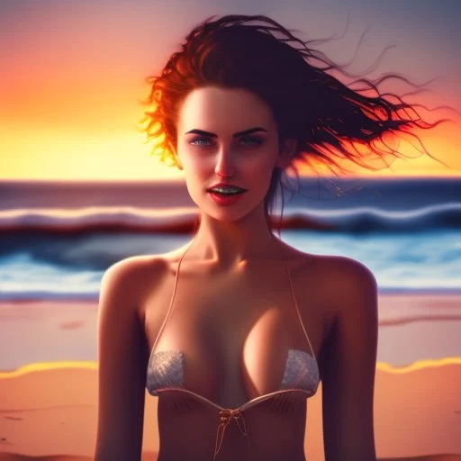 A very scantily clad young woman standing on the beach watching the sunset. The wind is playing with their hair.