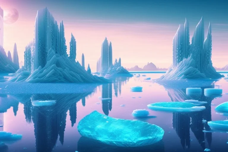 ice blocks, lagoon, seashore, distant futuristic city, epic, sci-fi