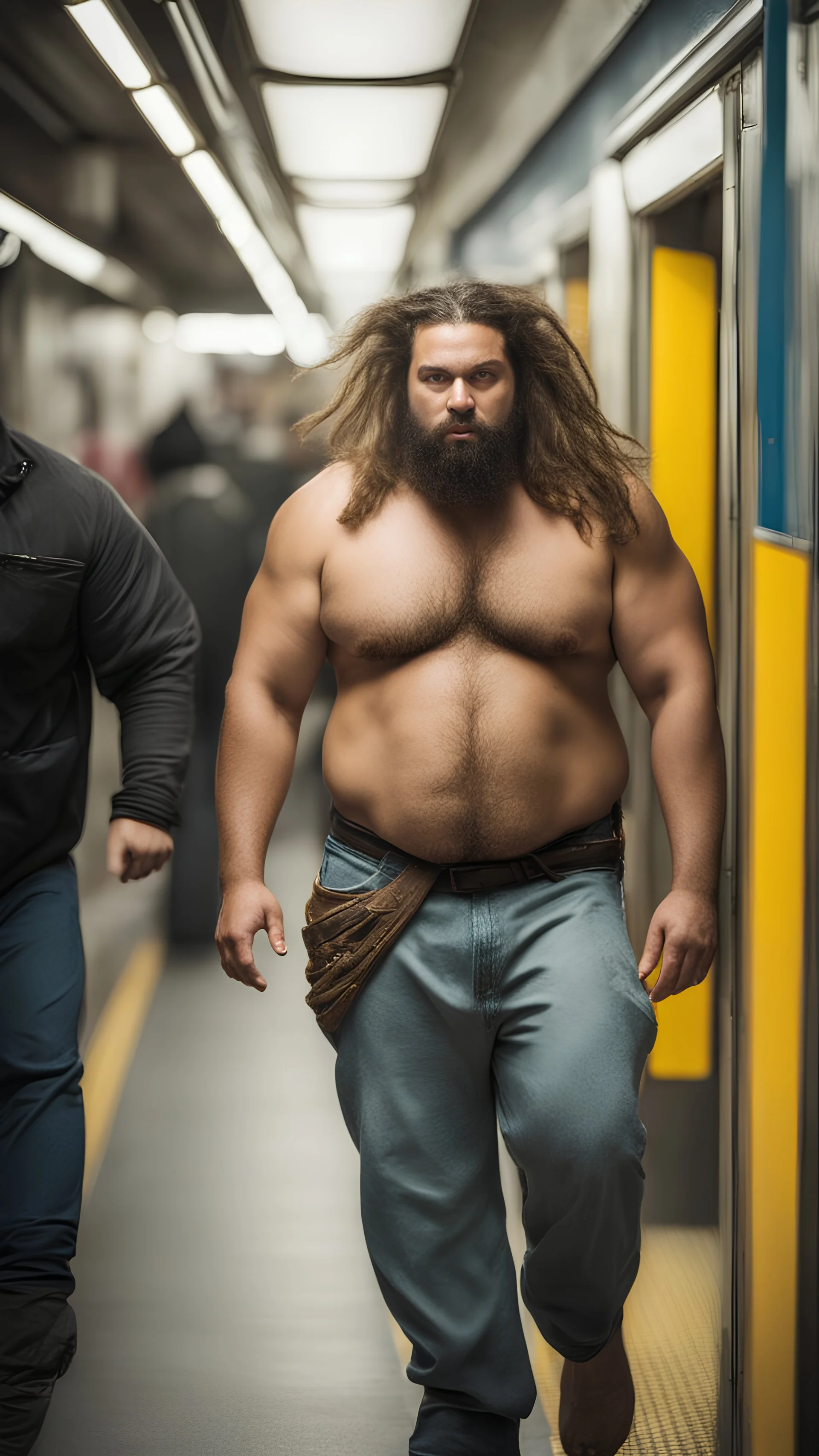 full figure photography of an ugly dirty gipsy burly muscular chubby stocky strong man 31 years old with raided beard, dreadlocks, manly chest, hairy , ajar mouth, photorealistic ,shirtless, bulging shorts, side light, inside a crowded subway station , neon lights