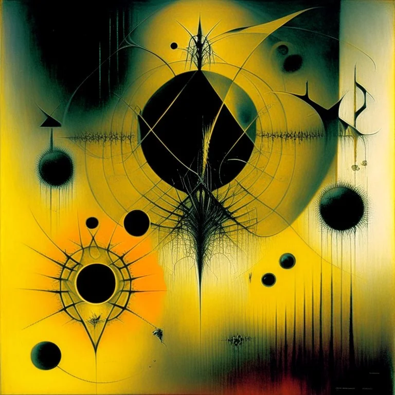 Lovecraftian precise geometries defined by (N(t)=N0​⋅e−kt), Surreal abstract art style by Stephen Gammell and Wassily Kandinsky and Ray Johnson, warm colors, sinister, whispering offsetting circles, unsettling, asymmetric geometric abstractions, creepy