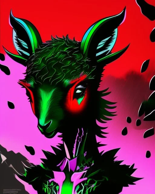 Comic book art style black lamb with red eyes, contrasting green meadow, cartoonist, digital portrait, dark fantasy, black iridescent skin, holographic, shiny, PVC texture, wet look, anime, gothic