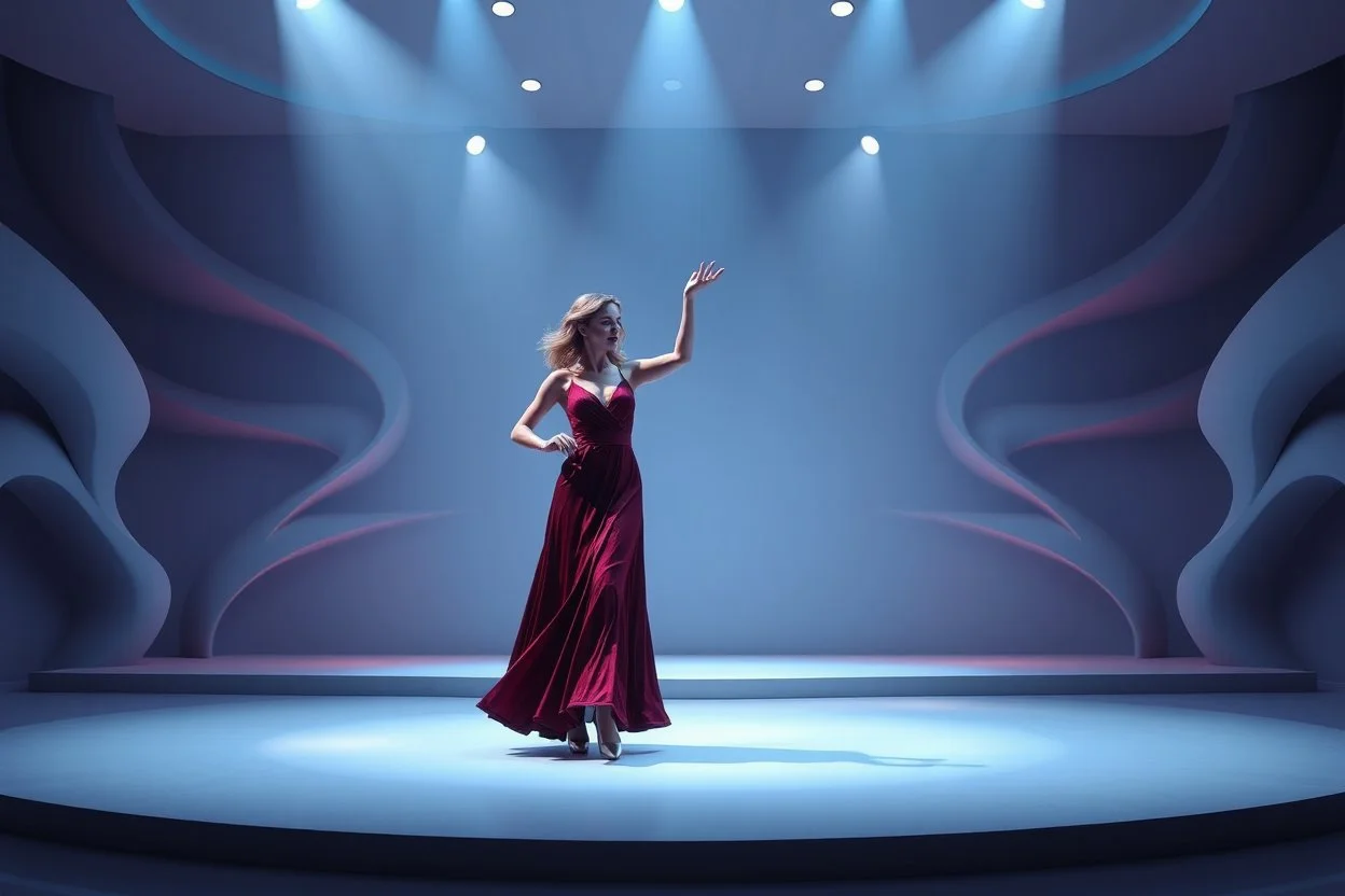 modern stage with gray-blue theme artistic decoration , color full dynamic lighting, a beautiful lady in modern maxy dark purple red dress with shining silver jwells dancing, 3D recursive fractal structure animating background