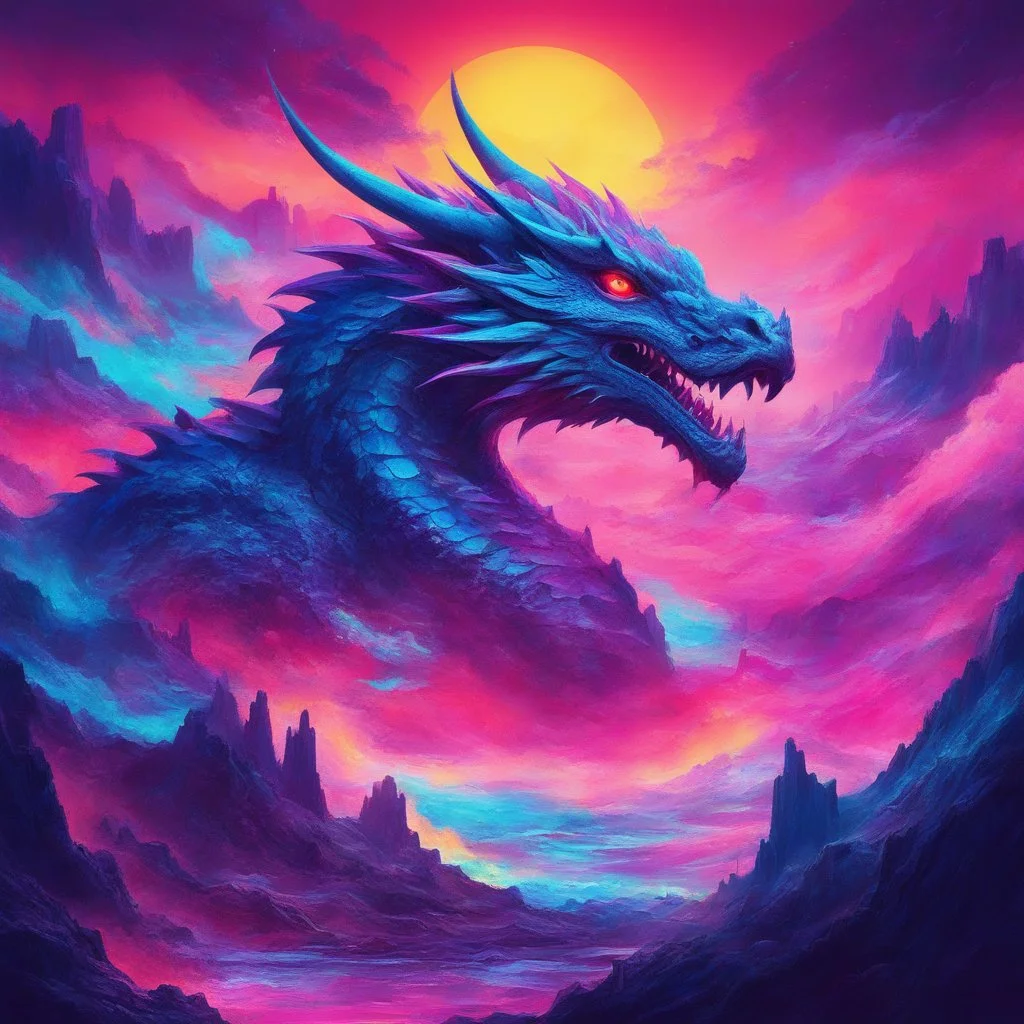 Dragon in a vibrant synthwave dreamscape, neon chaos swirling energetically around pixelated forms, a dynamic fusion of retro gaming nostalgia and futuristic abstraction