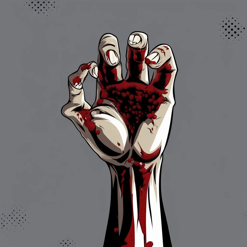 zombie hand claw, attack, comic book style, grey background,