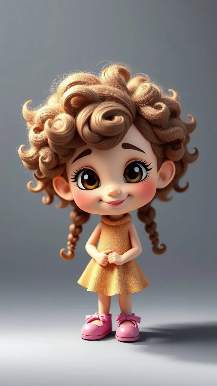 A little cartoon girl . Beautiful exaggerated features, highly expressive and lively face, 3D design with excellent lighting and texture. Curly voluminous hair, a heartwarming smile.standing pose ,in pretty shoes.
