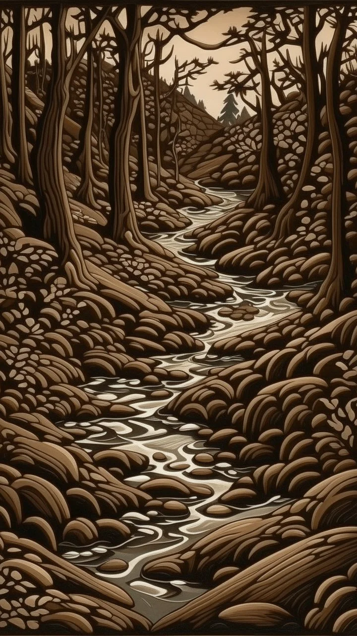 A dark brown forest creek covered in mud painted by MC Escher