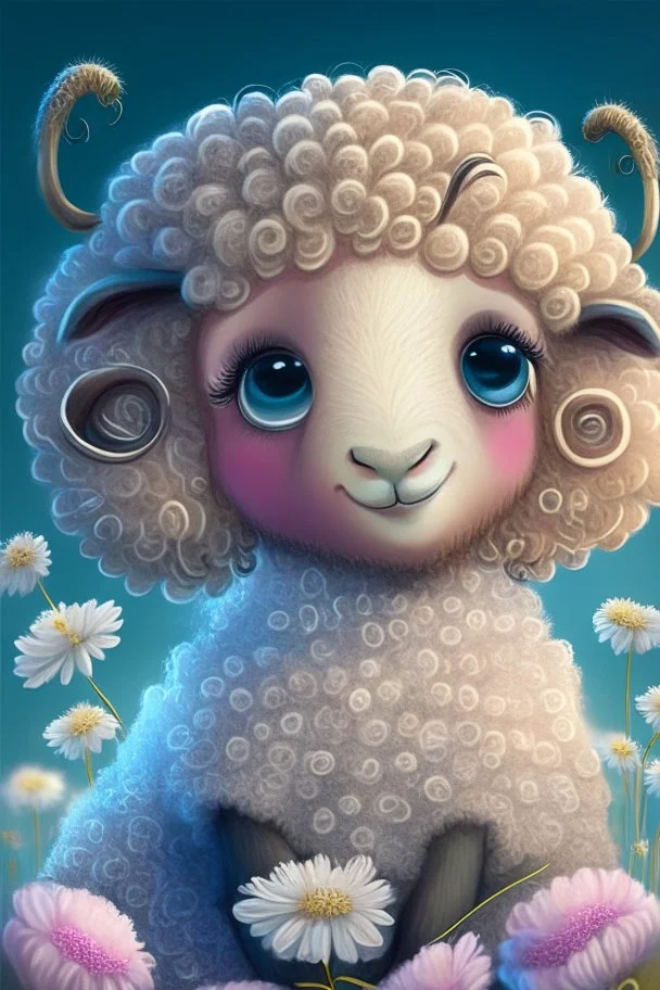 Happy and cute Scottish Highland sheep with dreamy sparkling eyes, gender girl, 4K resolution quality, sitting and holding a flower, nursery art, very beautiful and highly polished, with full details, smooth edges, soft hair and cotton O, flawless facial features, stunning, whimsical fantasy, beautiful, detailed, well-rendered, cartoon, illustration