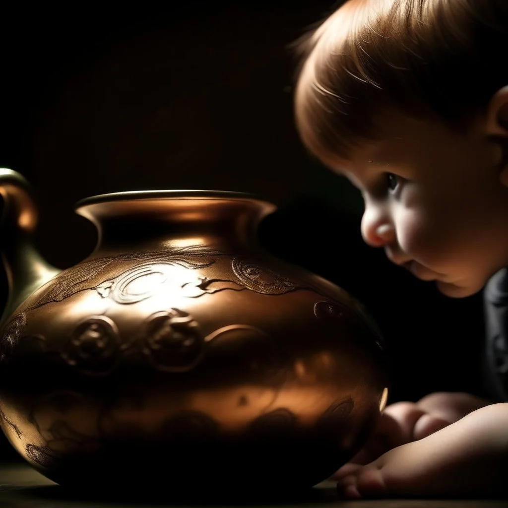 The reflection of a child on the surface of an old copper teapot