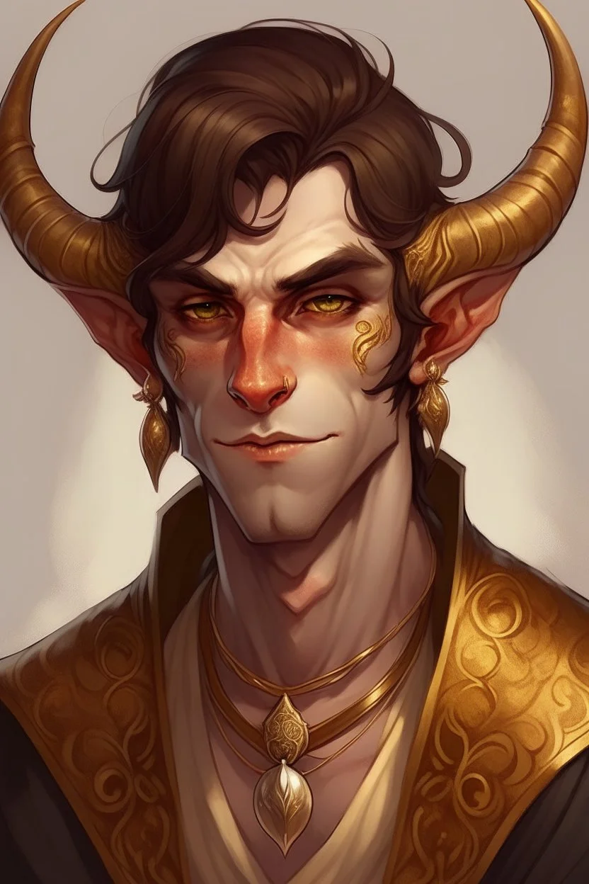 a wealthy tiefling young man with pointy ears and gold sclera eyes with no pupils, wears lots of jewelry