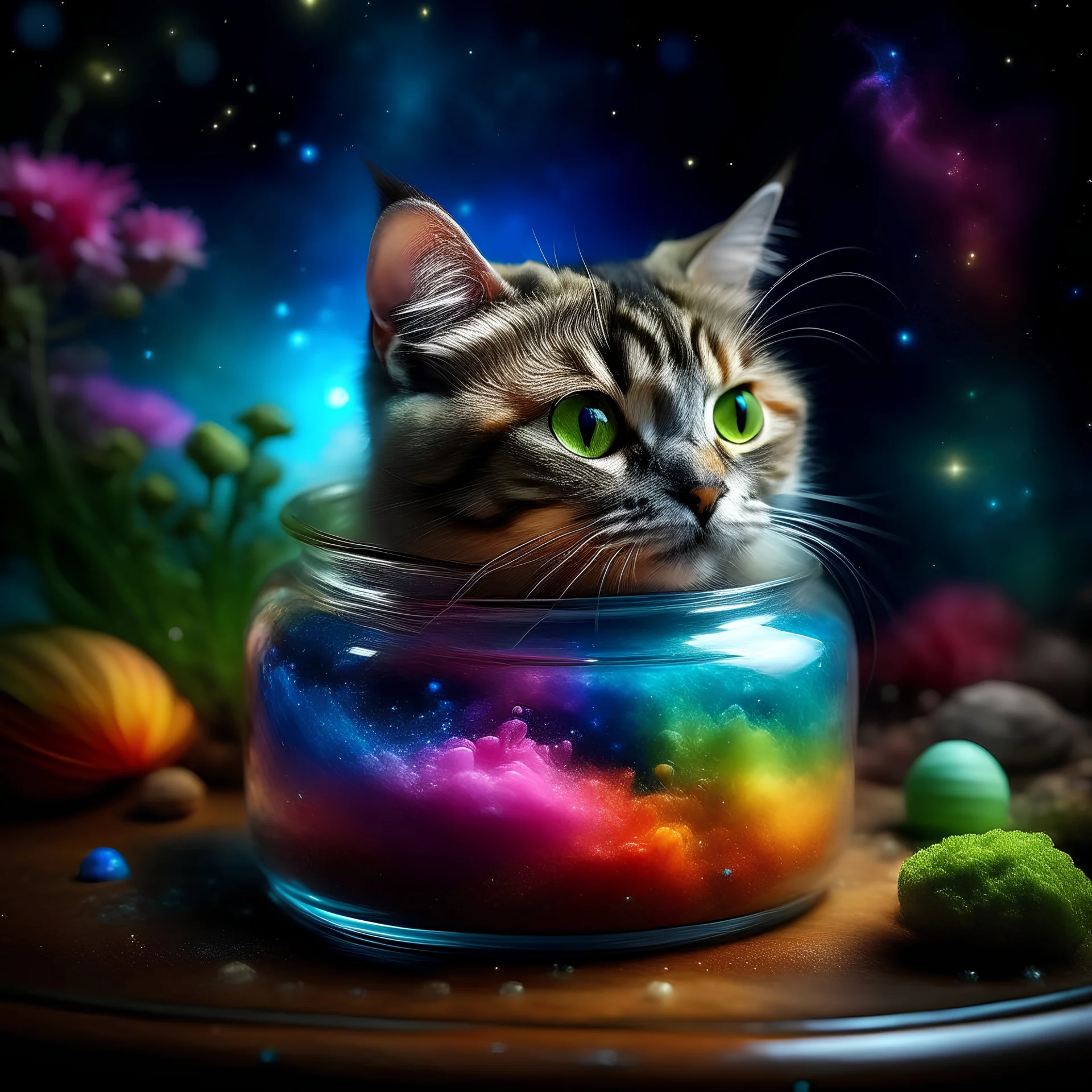 galaxy environment, Capturing A whimsical, a small kitty, winter spring wind rainbow a sprinkle of edible glitter in an unopenable dream magical jar, Grisaille, trippy, 8k, vivid, ultra detalis, colorfull lighting, surreal photography, portrait,