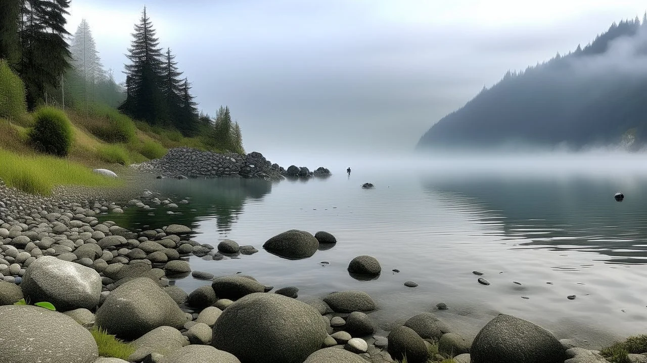 A wide shot of a lake with a rocky shoreline under a foggy sky. The lake is calm and reflects the sky, with some tall grass growing near the edge. A large pile of rocks forms a barrier or dam along the right side of the frame, sloping upwards. Several people are sitting or standing on the rocks near the water's edge. In the distance, mountains are visible through the fog. Streetlights line the top of the rocky barrier, disappearing into the fog. The color palette is muted, with shades of gray, b