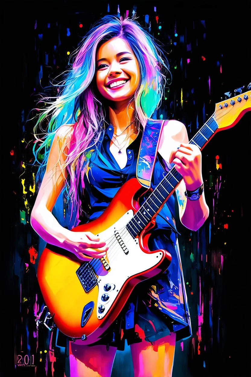 A ultra realistic poster of a beautiful girl playing rock guitar , having word sign as “street art ”, by Daniel Castan Carne Griffiths Andreas Lie Russ Mills Leonid Afremov, black background, fine lines draw, smile, standing in the temple