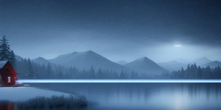 small house, windows, heavy snow, mountain, big blue lake water, night, snowing