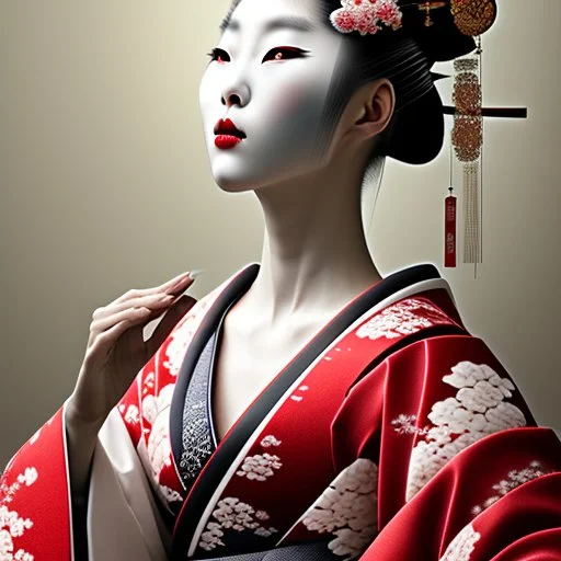 This striking image captures the essence of traditional Japanese culture and aesthetics. At the center is a woman donning an exquisite kimono, embodying the grace and elegance associated with the geisha tradition. The kimono's black and red colors, accentuated by the white floral patterns, create a visually striking contrast against the muted backdrop of misty mountains and Japanese pagodas. Her hairstyle, adorned with sakura (cherry blossom) ornaments, further enhances her connection to the nat