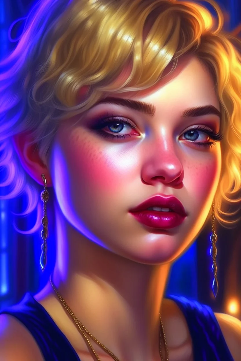 pierced lips and nose, a beautiful woman with short blonde hair, nice blue eyes, deep purple lips, nice nose wearing lip-ring, nose-pin and designer bikini. 8k resolution, art by Greg Rutkowski, Artgerm, WLOP, Alphonse Mucha dynamic lighting, intricately detailed, trending on Artstation