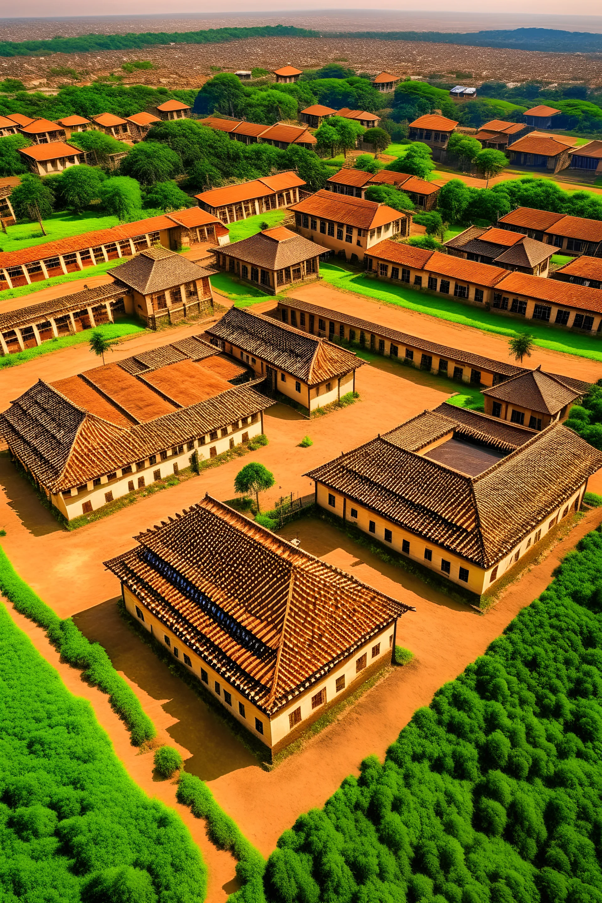 aerial view of fusion of elaborate extravagant large grand pre-colonial west Africa Benin kingdom city asante royal multiple non-attached separate buildings within the palace complex built with straw bale thatch roof .