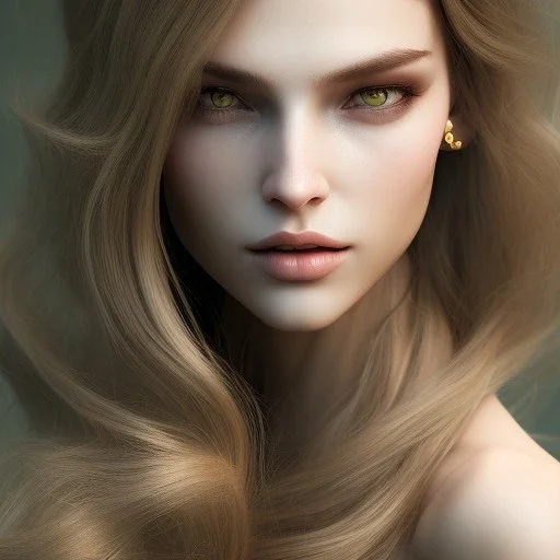 woman with Light-brown long hair, dark fantasy setting, ethereal, soft lighting, soft green-brown eyes, soft facial features,big cheeks, medium forehead