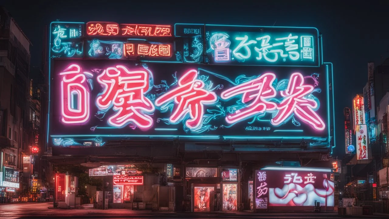 a billboard branded writing english Odk Tokusentai in neon light, in the city center, at night.