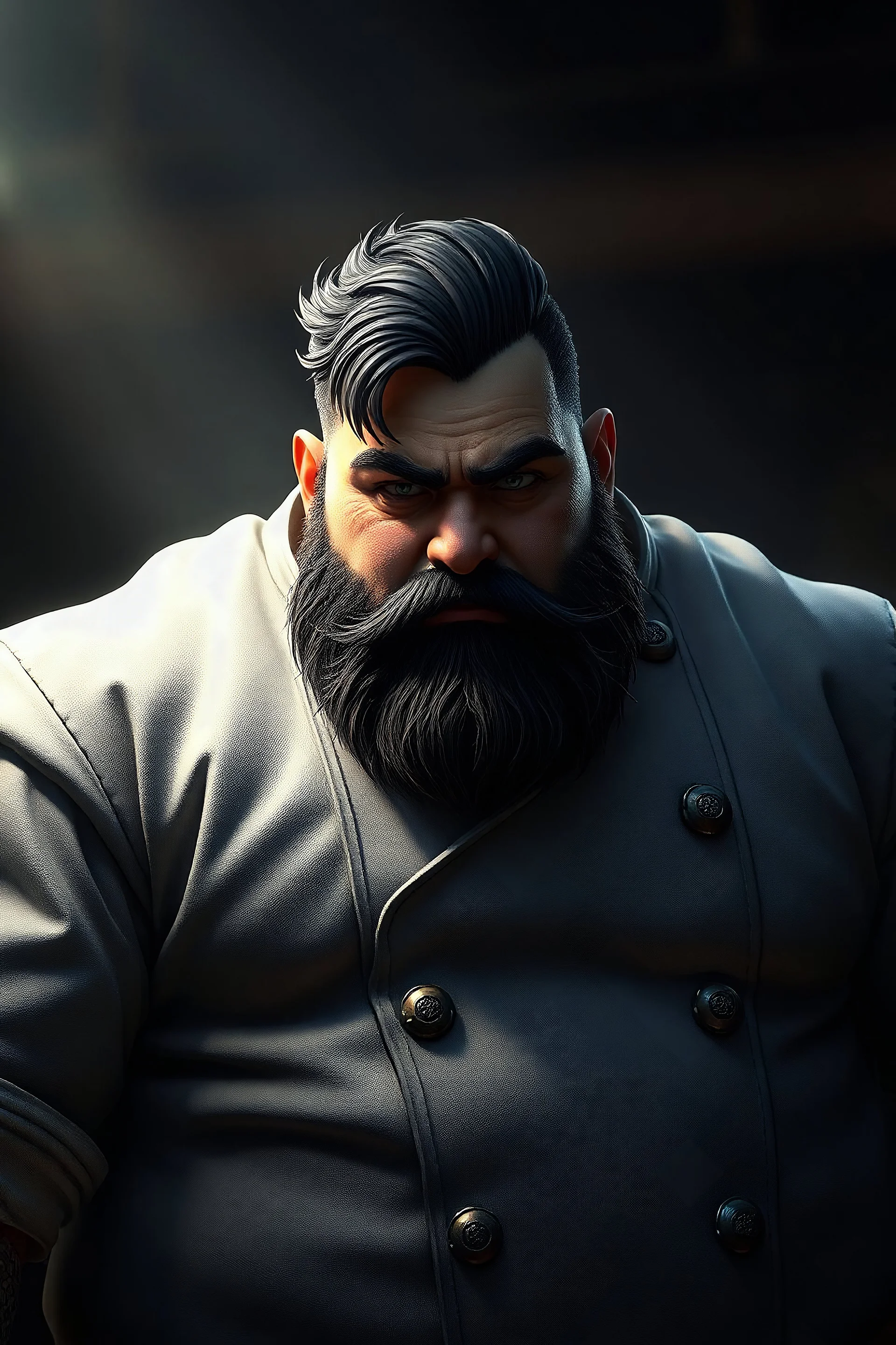 Large burly man, chef clothes, raven Black hair, short trimmed beard, 8k resolution, dark fantasy concept art, as on Deviantart, dynamic lighting, hyperdetailed, intricately detailed, trending on Artstation, deep color, Unreal Engine, volumetric lighting, complementary