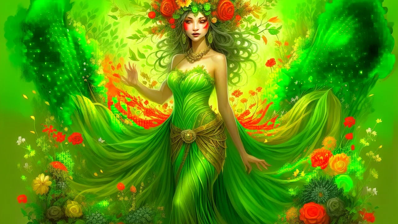 Fantasy digital illustration: a goddess of nature. Her body is covered in lush flora and trees; clusters of flowers adorn her grassy hair similar to a headdress. Her entire body appears to be made of the land itself, with a flowing "dress" made of plants and flora.