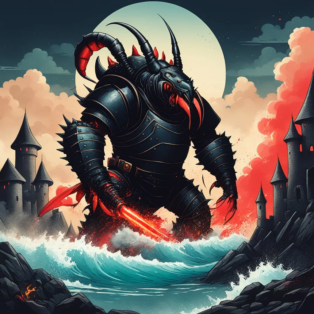 Fantasy illustration anthropomorphic black lobster kaiju destroying castle