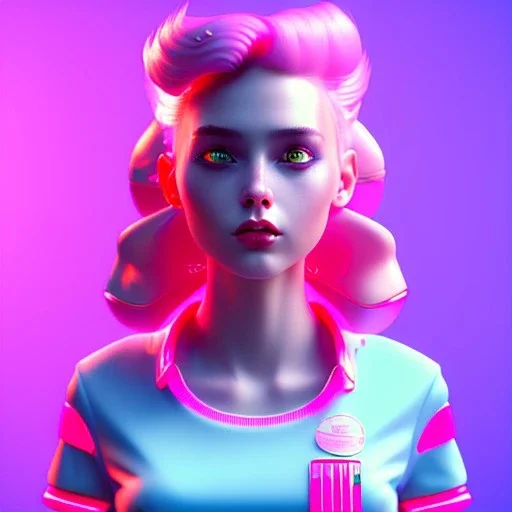 waitress teenager, color makeup, pink hair, hamburger with chips, rounded face, shirt, vibrant color, cyberpunk style, highly detailed, art stations, concept art, smooth, unreal engine 5, god rays, ray tracing, RTX, lumen lighting, ultra detail, volumetric lighting, 3d, finely drawn, high definition, high resolution, gradient background