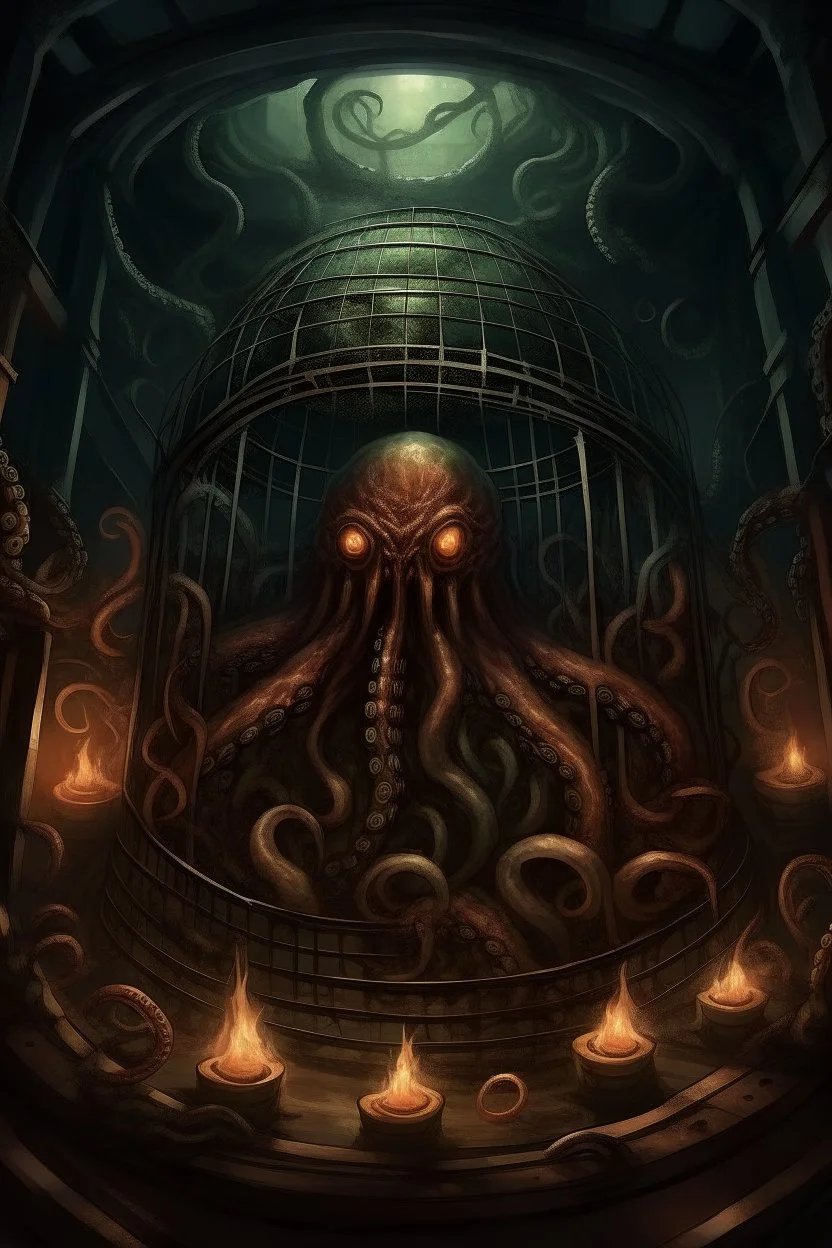 A cage behind which there are eyes, mouths, darkness, tentacles and fire. Realistic. Lovecraft style