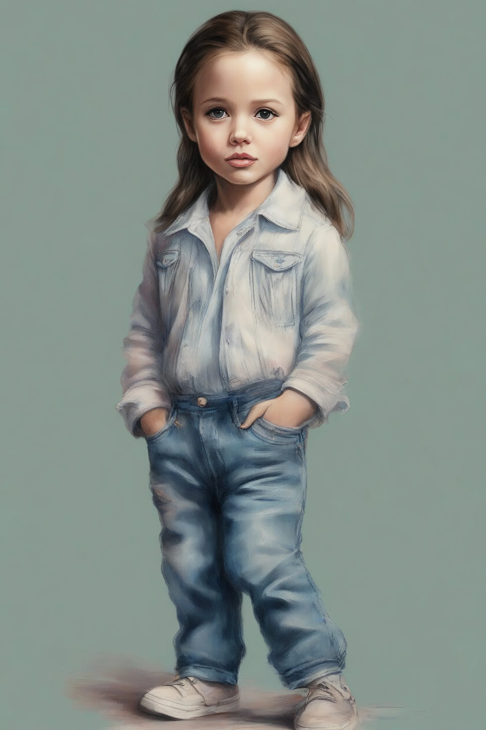 Illustration of actress Angelina jolie as a toddler, in the metro, jeans, style of Marcel Marlier, pastel colors