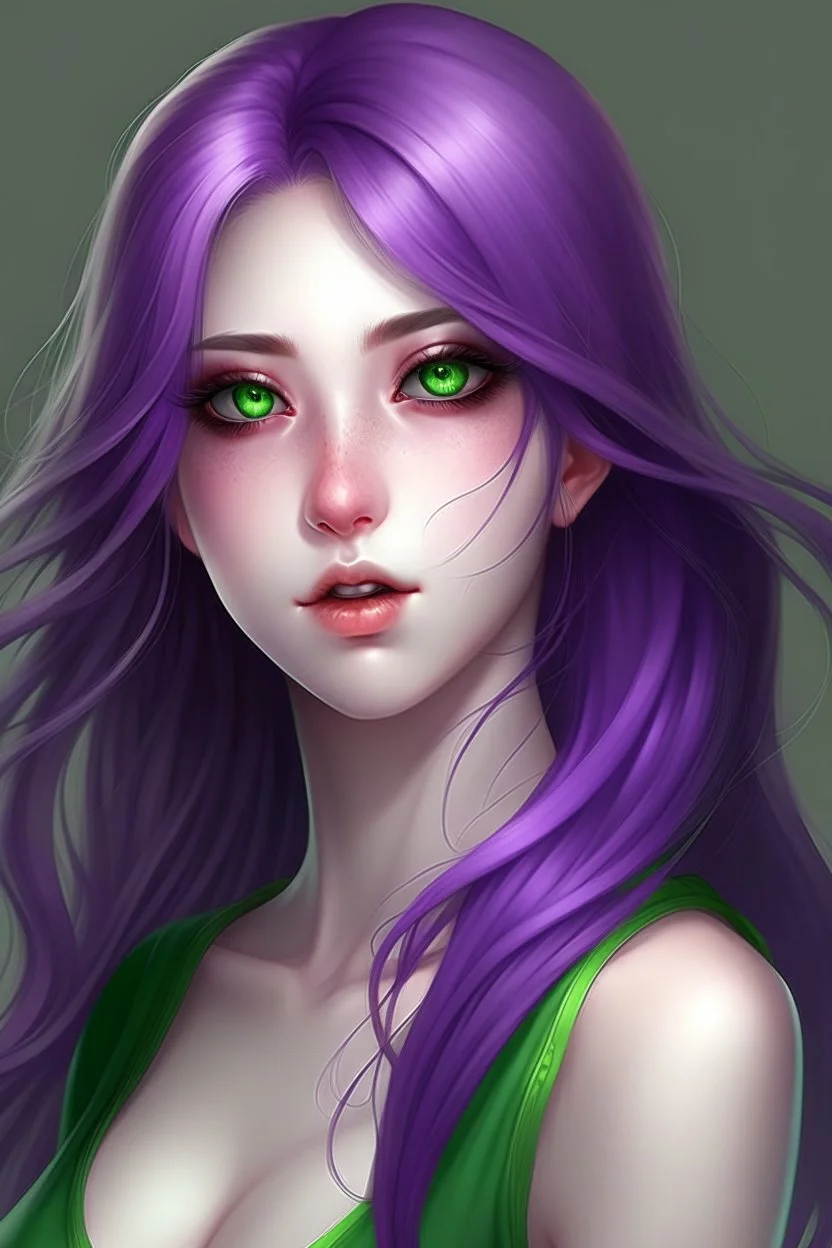 beautiful woman with green eyes and long purple hair anime realistic