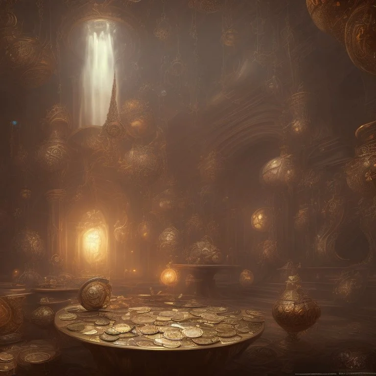 Fantasy concept art, dynamic lighting, Intricately detailed, Splash screen art, deep color, Unreal Engine, volumetric lighting, silver coins, chest full of silver coins, vault of treasure,