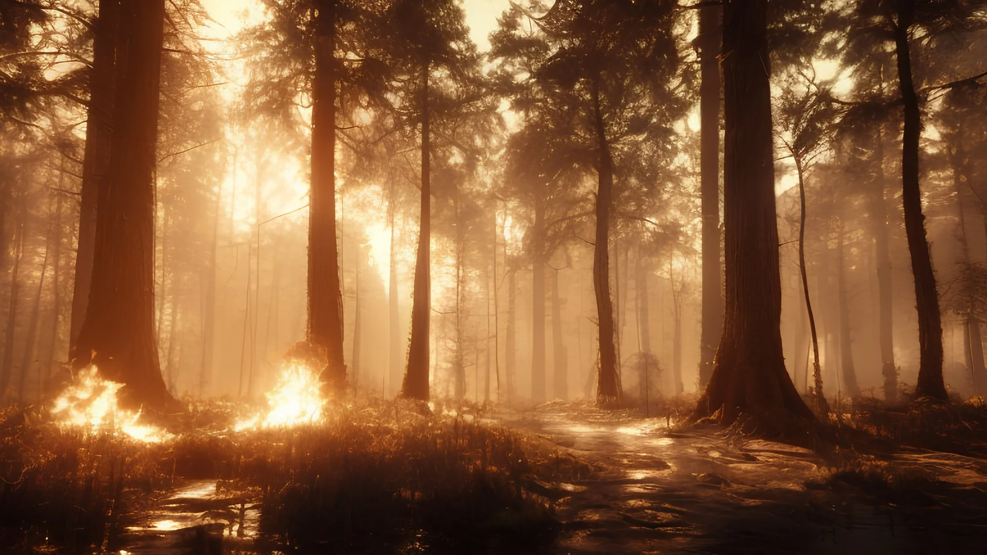 burning forest realistic, cyberpunk modern photorealistic, in the style of , Deviant art, sunlight, post-processing intricate details Octane elegant Unreal Engine cinematic fine details reflections