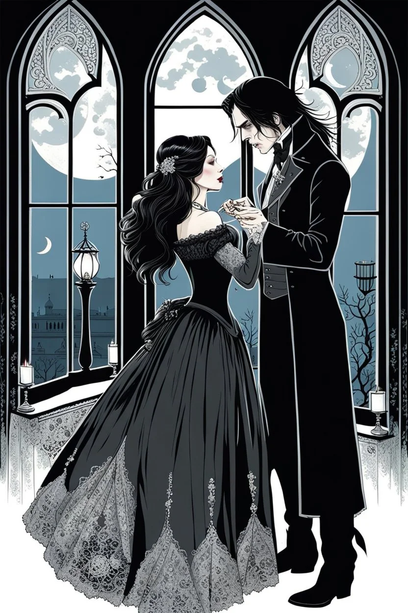 in a Victorian-style dress with a pale face, black long haired vampire sucking blood from the neck of a beautiful young woman wearing a wonderful victorian-goth lace dress. The woman has a faint smile on her face, her eyes are closed. Gothic-style room in the background, semi-darkness, the light of the full moon shines through the large window onto the horror scene, high detailed, sharp focus, masterpiece