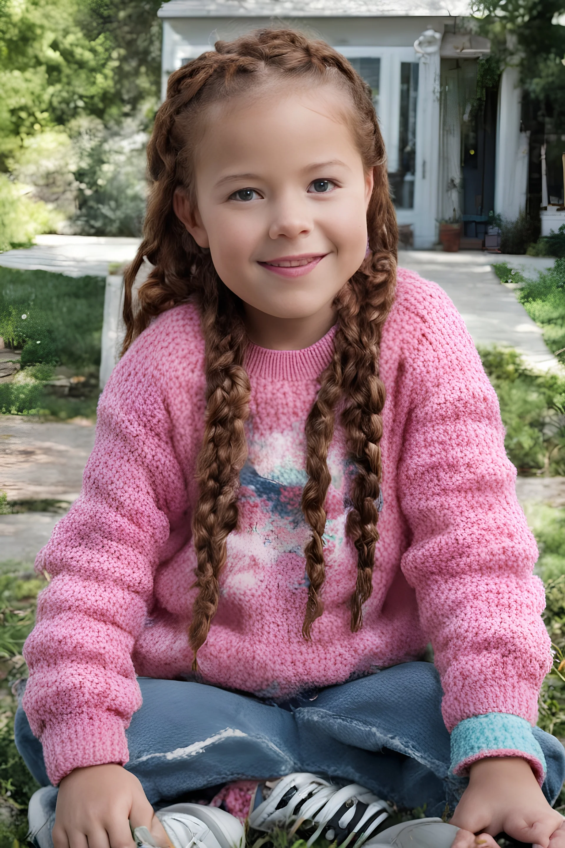 Sherrie Sue Engellant, a tiny 10-year-old girl with Long, auburn red-brown hair cornrow style, sea-green eyes, sitting in her front yard wearing a pink, knit, turtleneck sweater, blue jeans, black converse sneakers, a sly, clever grin on her face, (plump, full, pouty lips) ,