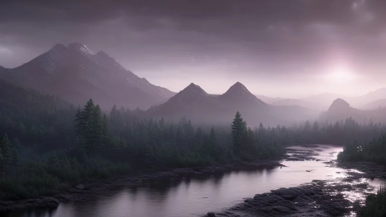 Cloudy dark sky, Distant epic mountains, river, rocks, trees