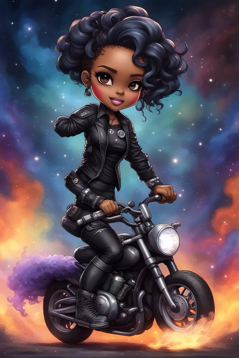 Create a galaxy art illustration of a chibi cartoon full figure black female riding a sports motorcycle. She is wearing tie dye and black tights with biker boots. Prominent make up with log lashes and hazel eyes. Extremely highly detailed black shiny wavy hair up in a messy bun. Background of smoke surrounding her and the bike and she's at a bike show.