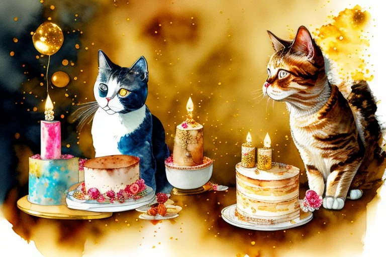 beautiful composition, cat birthday party with cake, watercolor and ink, golden glitters in ochre in sunshine