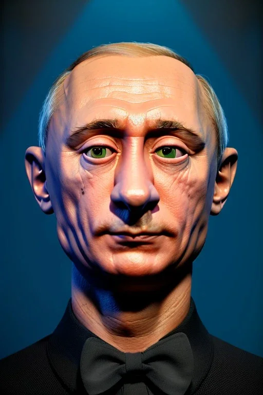 Waist up muppet Portrait, Vladimir Putin as muppet doll, Black suit, photo studio, blue background, unreal engine 5, concept art, art station, god lights, ray tracing, RTX, lumen lighting, ultra detail, volumetric lighting, 3d.