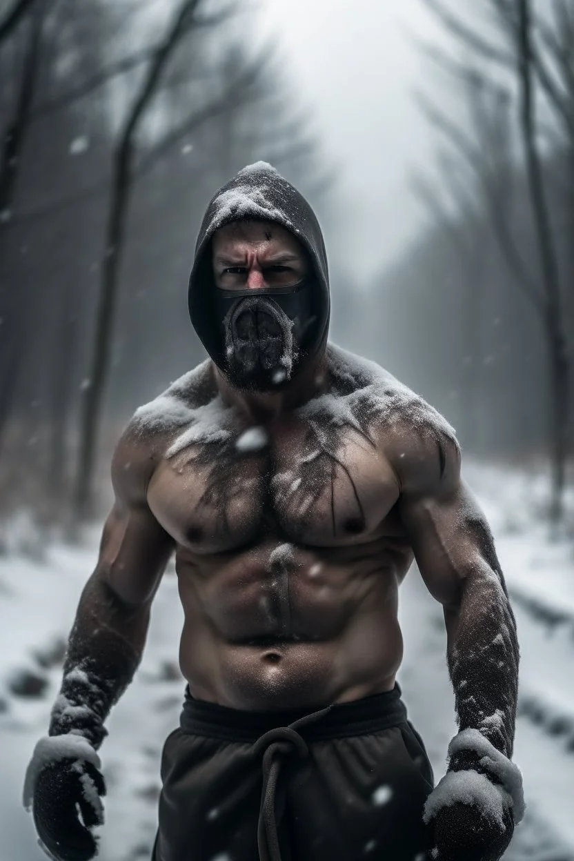 a man, muscular tough, shirtless, scarred, bruised, heroic, standing in a middle of a snowy wilderness, harsh cold climate, stormy, daylight, wearning an iron face mask cover, walking through storm, tough and strong vibes